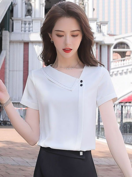 Women Spring Summer Style Chiffon Blouses Shirts Lady Casual Asymmetrical Collar Short Sleeve Chiffon Blusas Tops DF4028