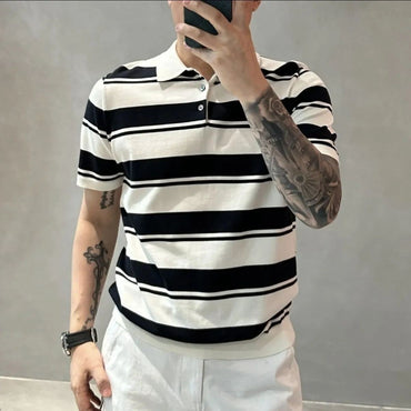 Smart Casual Summer Polo Shirts Men Turn-down Collar Striped Contrast Color Button Simplicity Fashion Loose Short Sleeve Tops