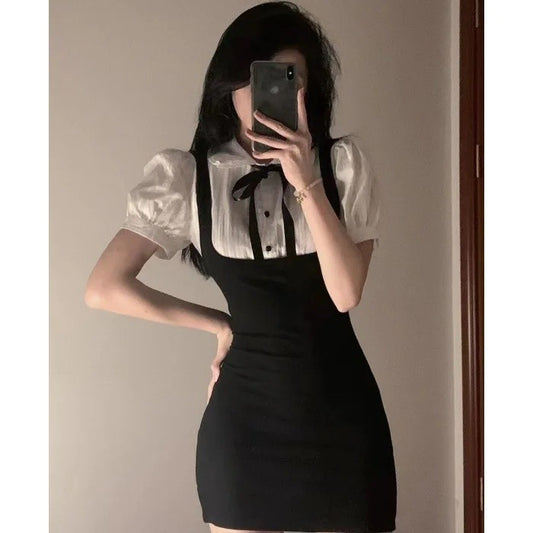 Summer Slimming Black White Splice Mini Dress Trendy Girl Outerwear Base College Style Patchwork Elegant Dress Princess Sleeve P