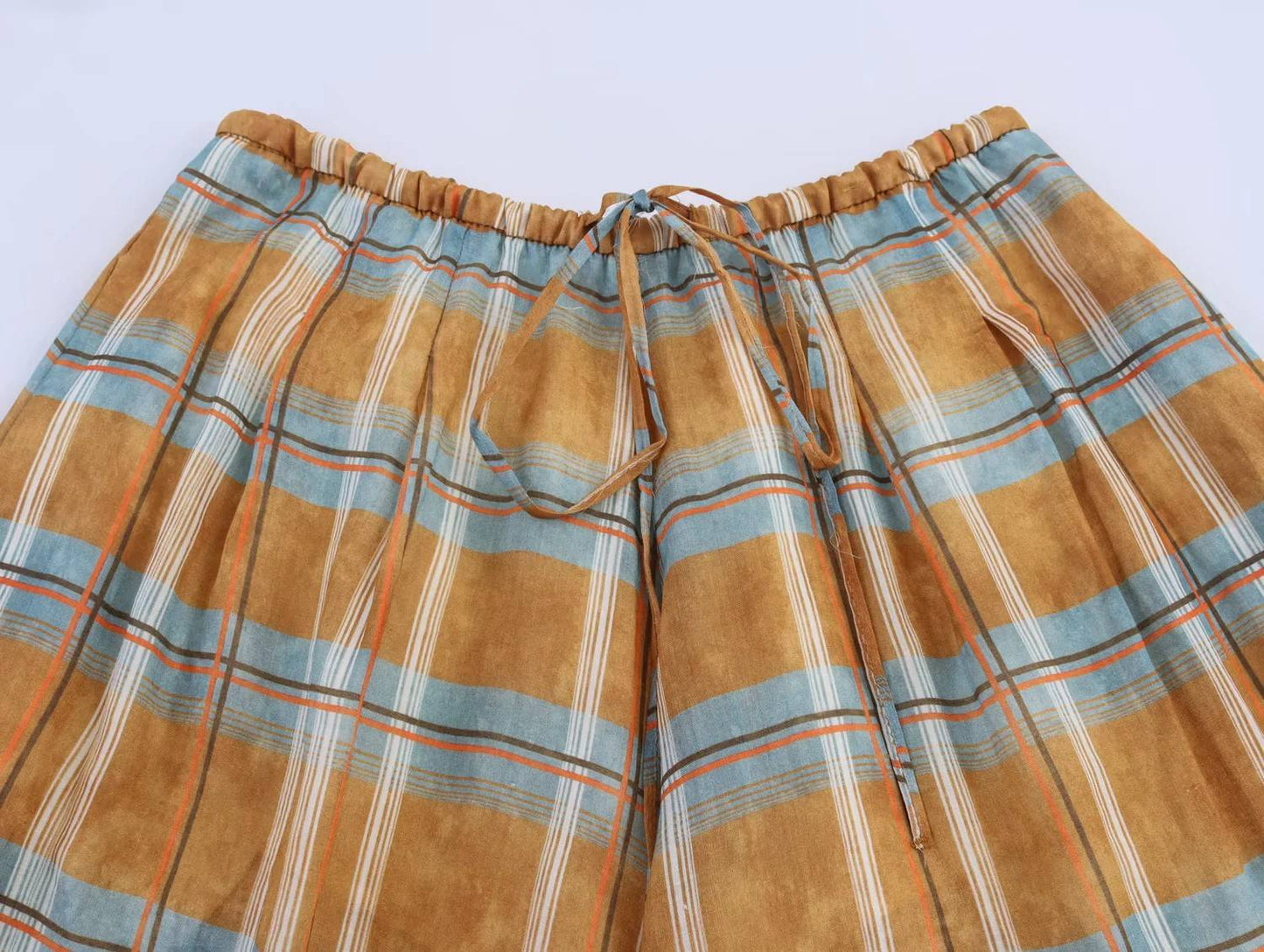 Women's 2025 Autumn Fashion Versatile Ramie Bloomers Plaid Printed Loose Pants Female High-Waist Drawstring Casual Trousers