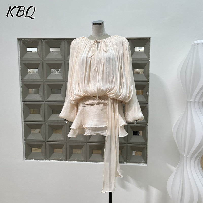 KBQ Solid Patchwork Lace Up Loose Dresses For Women O Neck Long Sleeve High Wais