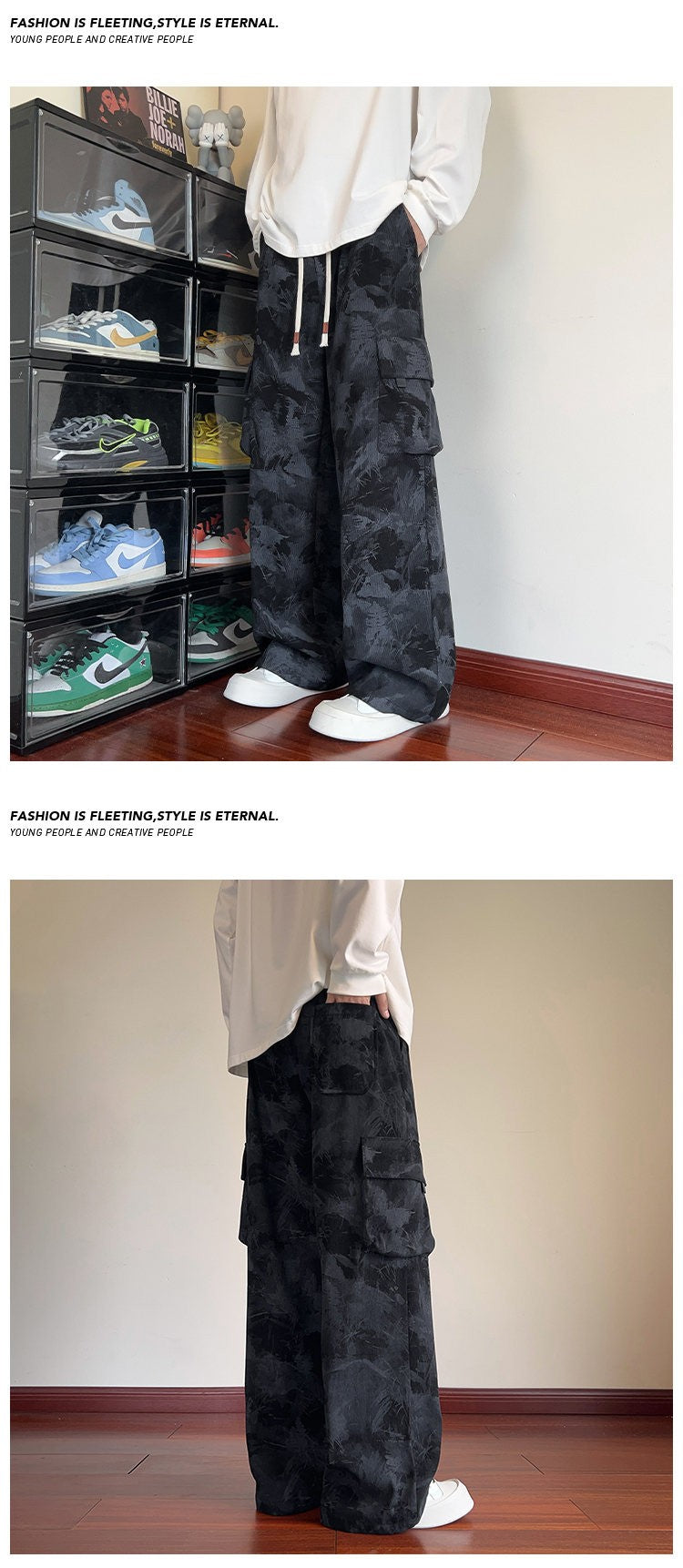 Mens Casual Pants Straight Leg Loose Fit Tactical Cargo Joggers Wide Leg Tie Dye Trousers Trendy Fashion Side Pocket pants man