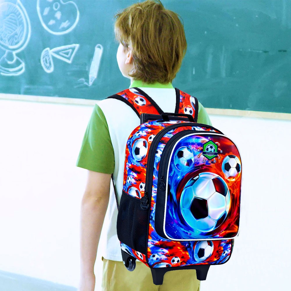 Mochila de rodinhas 3 peças para meninos, mochila com rodinhas para crianças, mochila escolar com rodinhas e lancheira - futebol