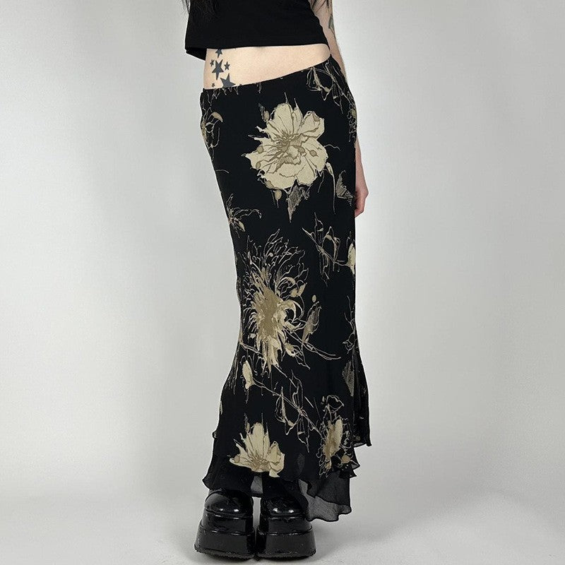 Goth Dark Y2K Aestheics Double Layer Mesh A-line Skirt Women Fashion Florals Pri