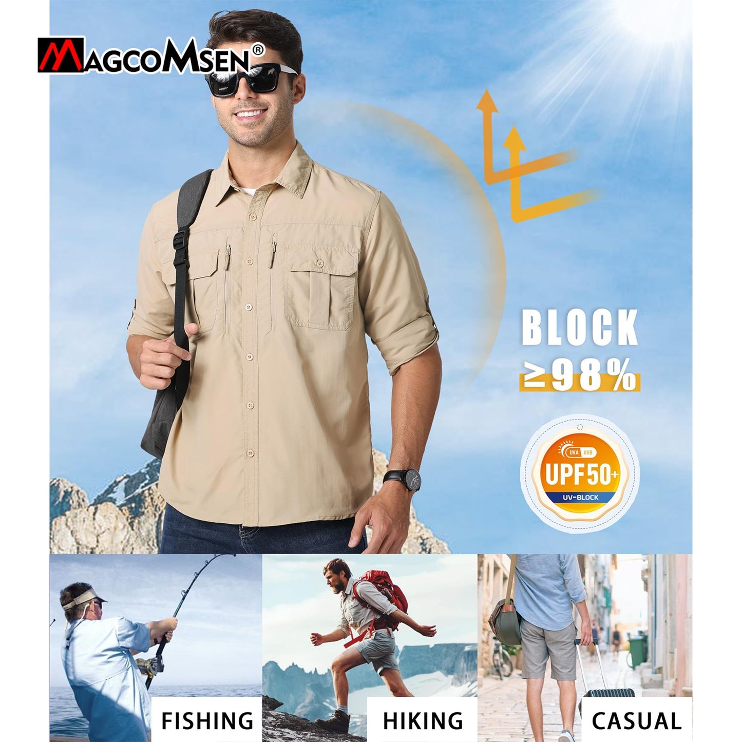 MAGCOMSEN UPF 50+ Mens Quick Dry Cargo Shirts Mesh Breathable Long Sleeve Work Shirts UV block Outdoor Hiking Fishing Shirts