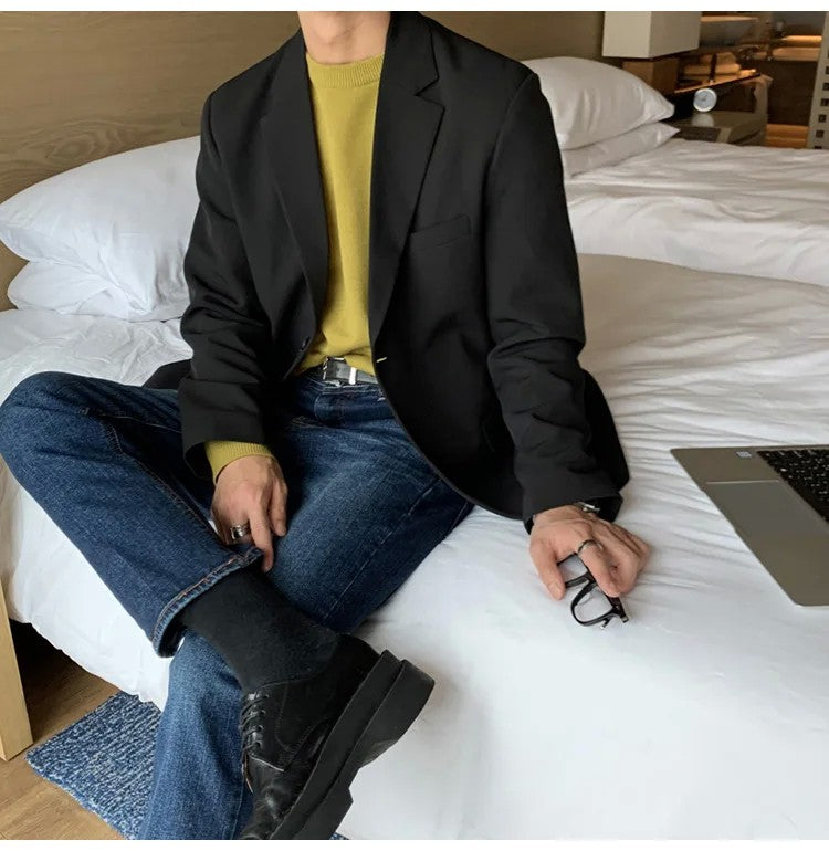 Korean Men's Casual Blazer Western-style Loose-fit Black Single-breasted Jacket Autumn Trendy Dongdaemun Style Clothes