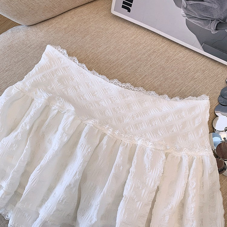 Balletcore Ruffled Mini Skirt with Lace Trim Low Rise Tiered White Skirt Summer