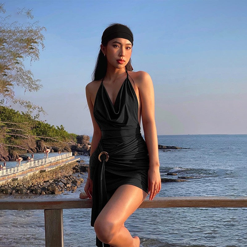 WhereMery Vintage Brown Low-cut Backless Mini Dress Y2K Women Bandage Pleated A-
