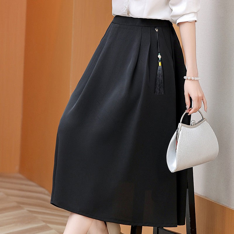 2024 New Solid Color Fringe Skirt Summer Classic Clothing Women's Loose Plus Size Skirt New Street Elegance Calf Belly Skirt