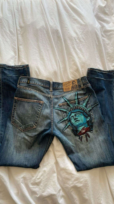 Y2k 2000s Statue of liberty Diamonds Jeans Casual Denim Pants High Waist Straight Wide Leg Jeans Harajuku Vintage Women Clothing