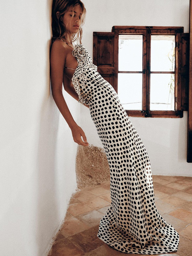 JULISSA MO Sexy Backless Print Dots Flower Women Maxi Dress Spaghetti Strap Eve