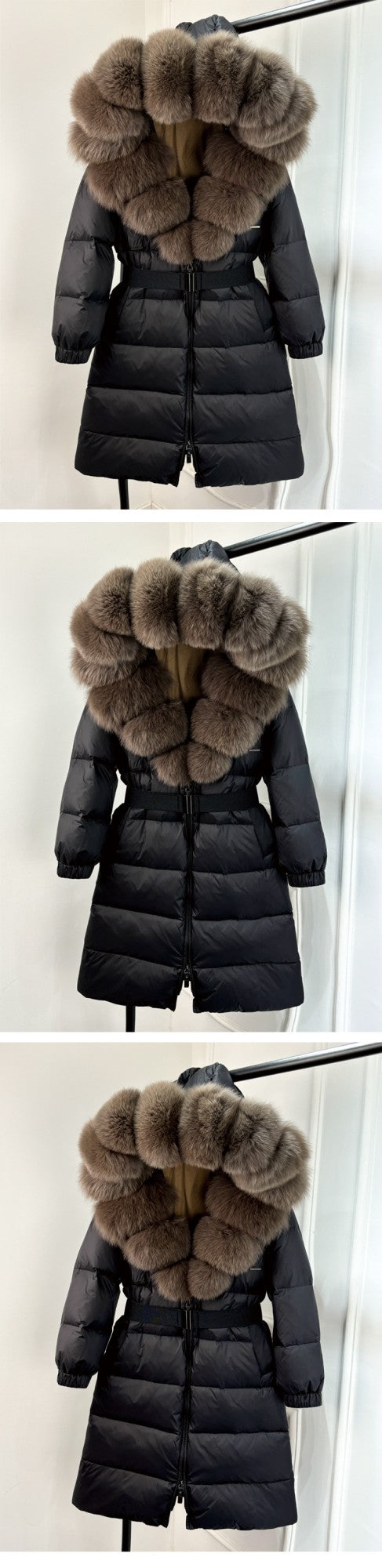 Janveny New Natural Thick Warm 90% White Duck Down Coat Long Winter Jacket Women Real Big Fox Fur Collar Belt Loose Puffer Parka