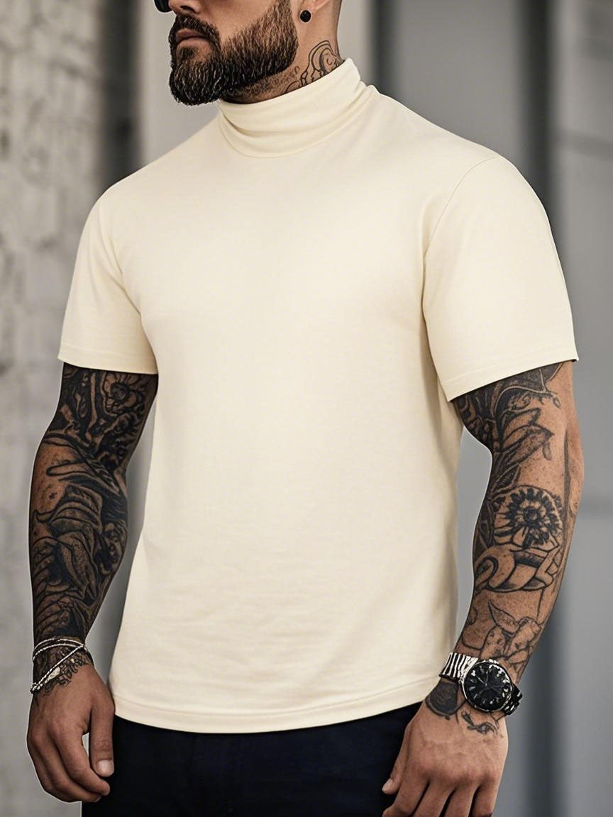 New Bottom Shirt Tees Tops Men Summer Casual Sports Workout Daily Plain High Neck Short Sleeve T-shirt Male Streetwear Clothes