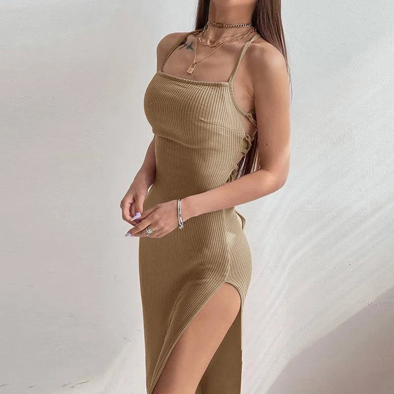 Sexy Black Long Bodycon Dress Women Summer Sleeveless Blackless Halter Neck Spag