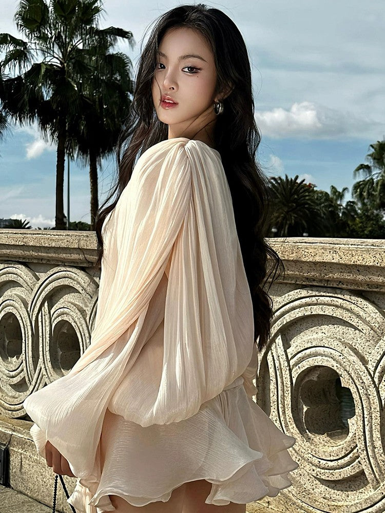 TWOTWINSTYLE Elegant Ruched Mini Dress For Women Round Neck Lantern Long Sleeve