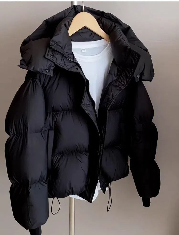 Hooded Cotton Jacket Women 2024 New Thickened Warm Long Sleeved Outwear Winter Korean Loose Solid Color Versatile Short Coat