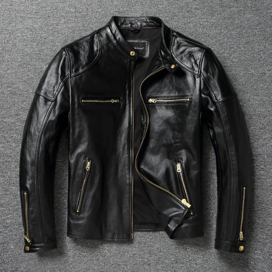 American vintage stand-collar horsehide motorcycle jacket lightly washed distressed genuine leather men's short coat