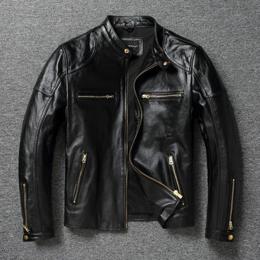 American vintage stand-collar horsehide motorcycle jacket lightly washed distressed genuine leather men's short coat