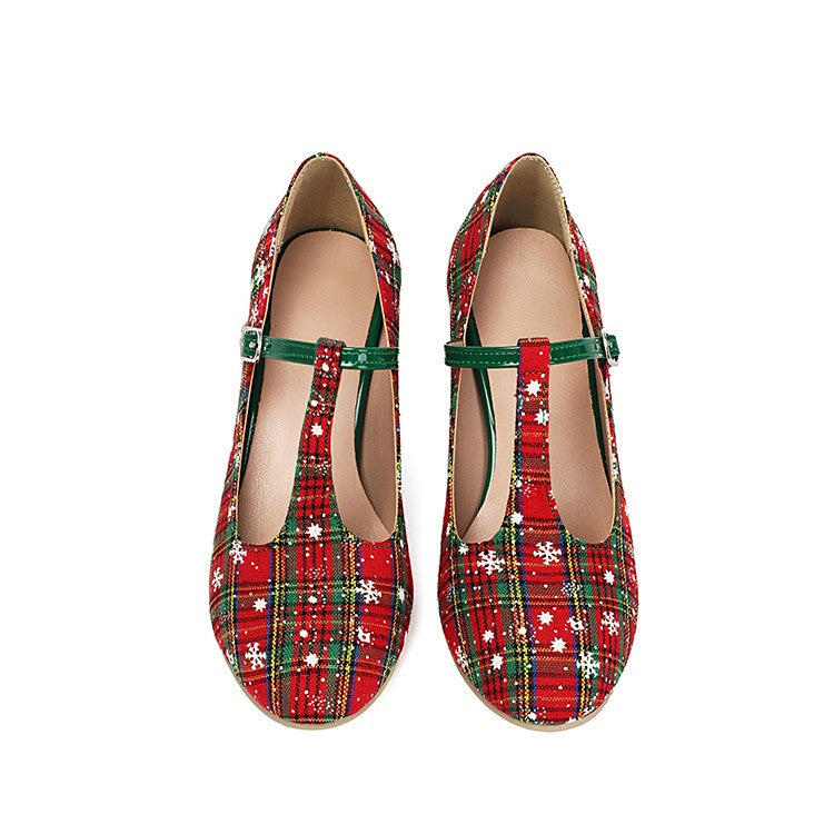 Snowflake Striped Printed Fabric Christmas New Year High Heels Women's Shoes Tapered Thick Heel T-Shaped Strap Buckle Pumps