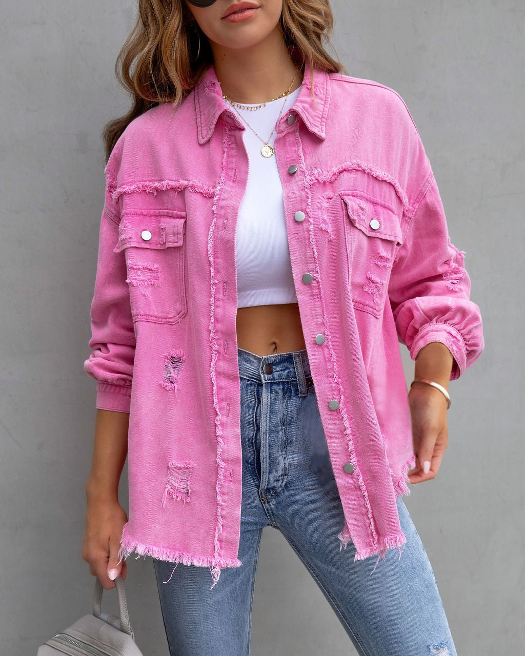 Autumn Winter Women's New Denim Jacket Fashion Grinding Edge Broken Hole Hollow Long Sleeve Single Breasted Casual Collar Top