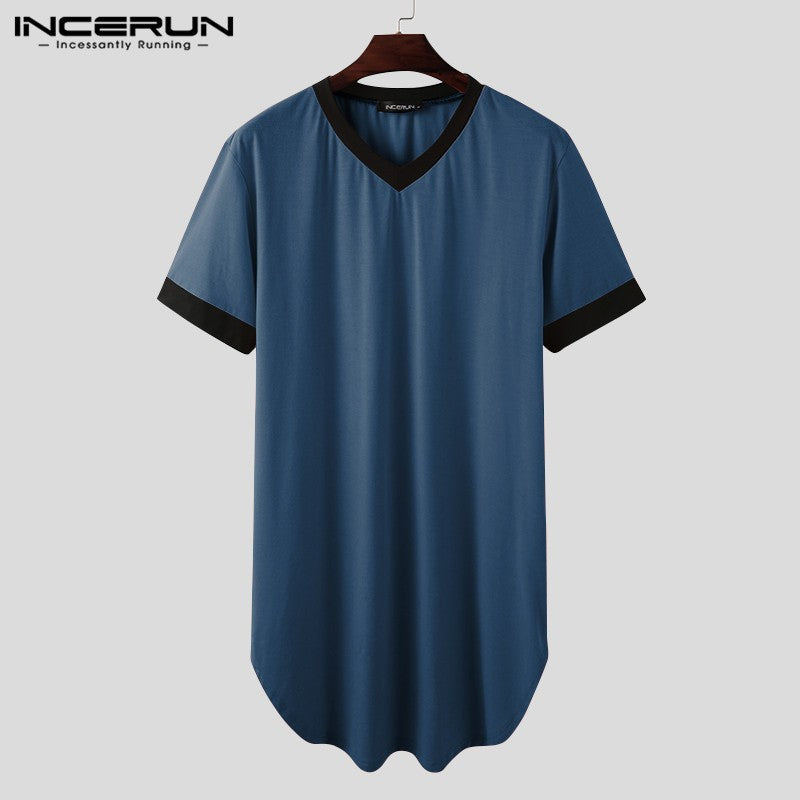 INCERUN 2024 Men Sleep Robes Short Sleeve V Neck Nightgown Patchwork Cozy Homewear Fashion Loose Mens Bathrobes Dressing Gown