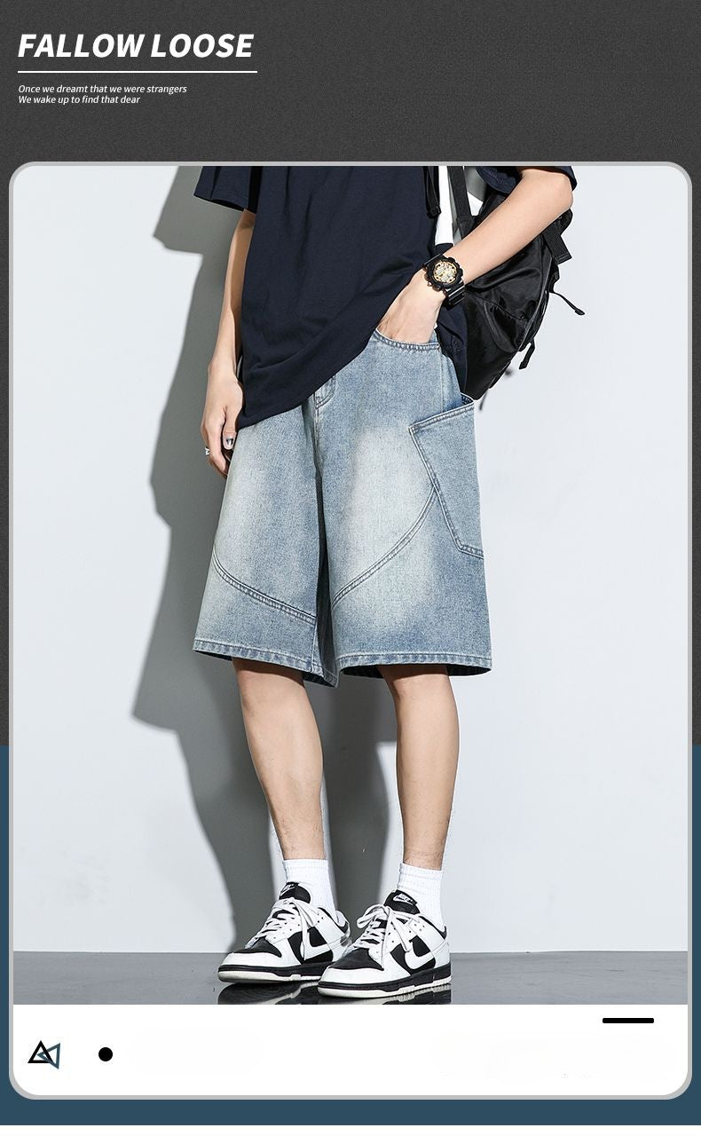 Summer New Baggy Denim Shorts Fashion Casual Straight Harajuku Jeans Male Vintage Wash Drawstring Short Pants Streetwear