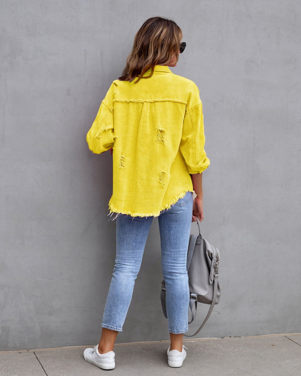 Autumn Winter Women's New Denim Jacket Fashion Grinding Edge Broken Hole Hollow Long Sleeve Single Breasted Casual Collar Top
