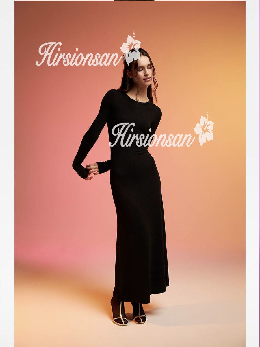 Hirsionsan Spring Autumn O-Neck Elastic Knit Long Dresses Women 2024 Elegant Chi