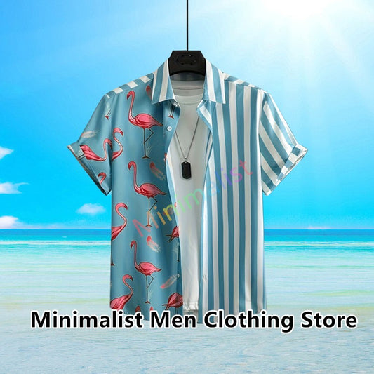 2023 Leaf and Flamingo Print Shirt For Men Hawaiian Shirt Casual Beach Short Sleeve Fashion Tops Male Blouse Summer Clothing