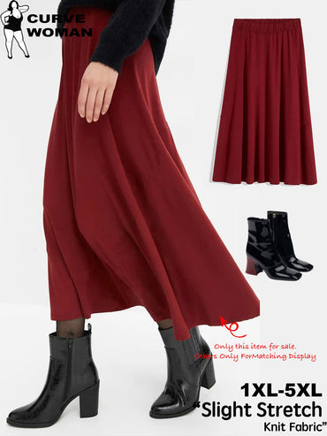 Women's Burgundy Midi Skirt, Semi-Stretch Knit A-Line with Flowy Hem. Comfortable Elastic Waist for Office & Casual Outing