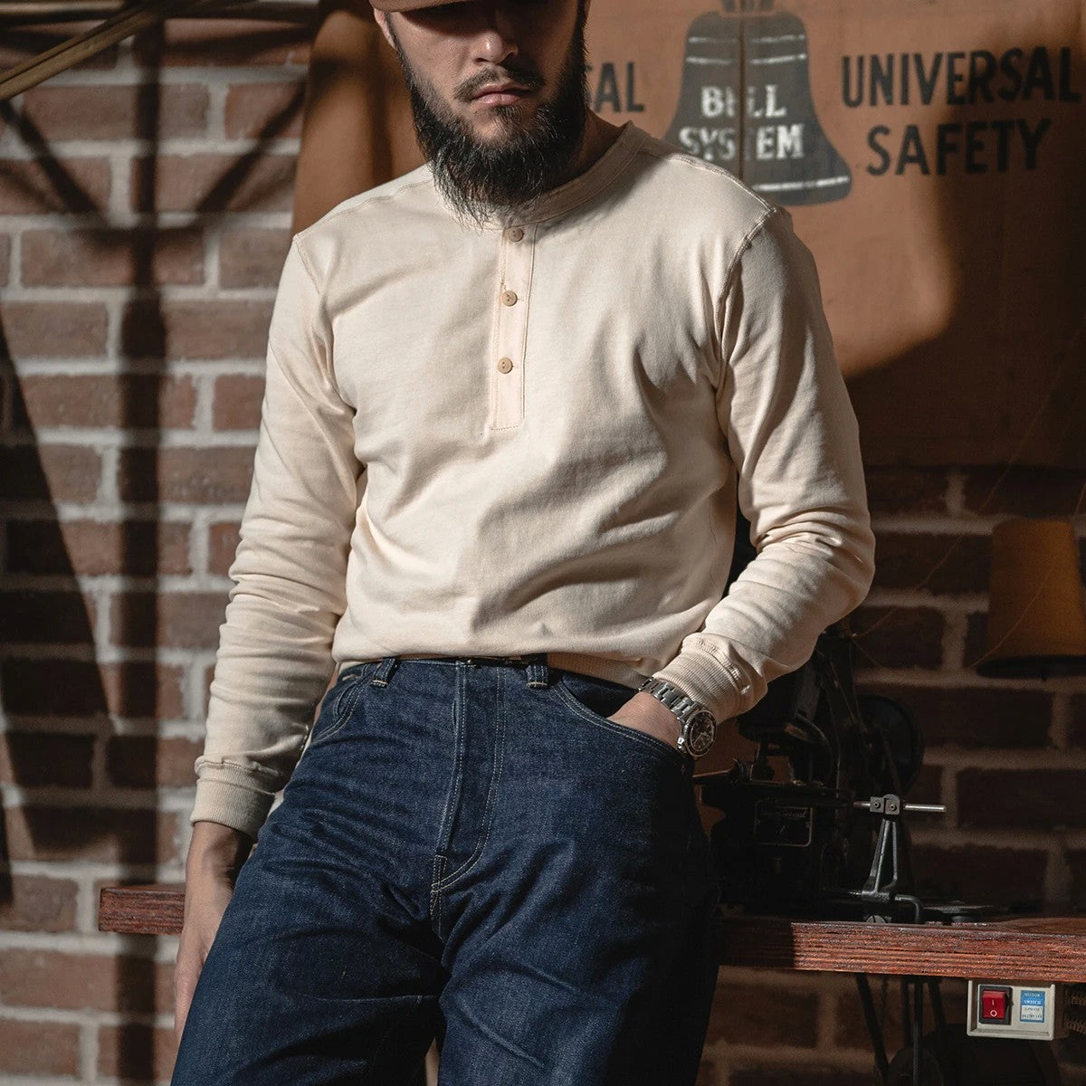 Bronson 350g Heavyweight L/S Henley Shirt Vintage Plain Base T-Shirt For Men