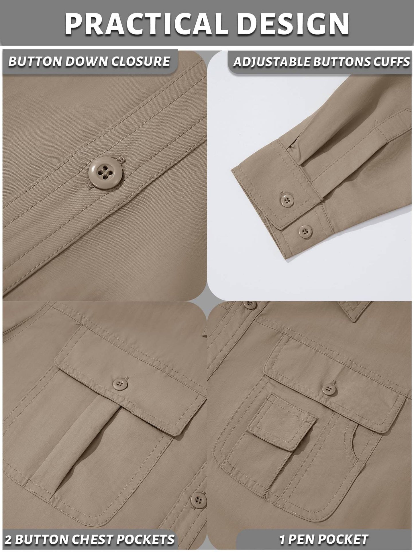 TACVASEN Summer Quick Dry Long Sleeve Cargo Work Shirts with Pockets Mens Safari Hiking Shirts Button Down Shirts Clothes Males