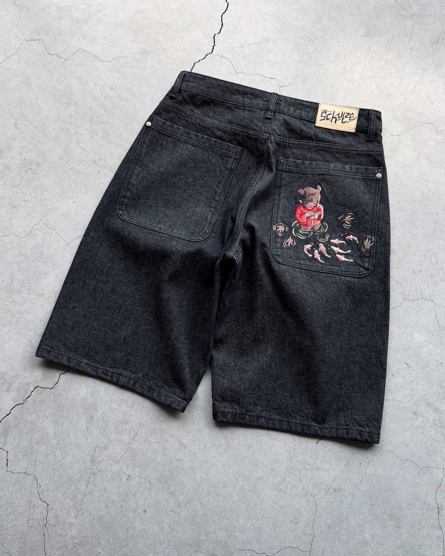 Fashion Cherry Blossom Pocket Embroidery Jeans Shorts Men Women Retro Baggy Black Denim Short Y2k Jorts Hip Hop Streetwear Pants