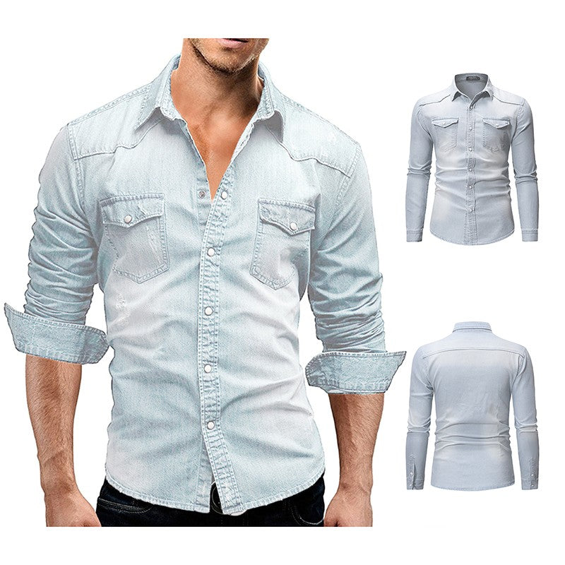 2024 Men's Spring Autumn Casual Shirts Solid Color Long Sleeve Lapel Denim Tops Button Shirts for Party