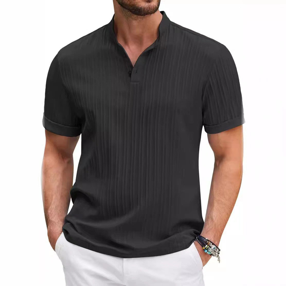 Hawaiian Men's Retro Cotton And Linen Henry Shirt Casual Loose With Sporty Stand-up Collar Buttons 2025 New Men's Casual Shirt