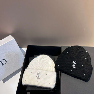 Rhinestone Decor Rabbit Fur Knitted Hat Warm Ear Flap Beanie for Women Luxury Soft Slouchy Cap Face Slimming Design