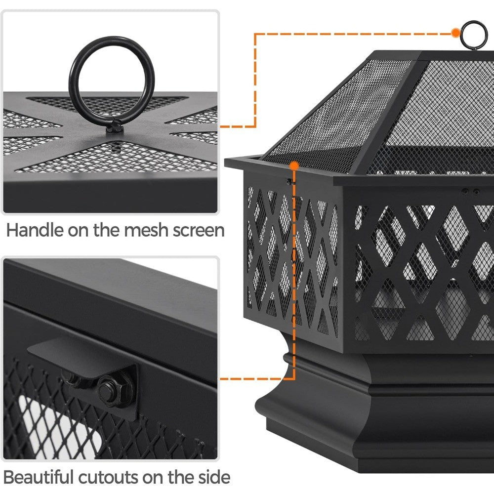 Hex Shaped Fire Bowl - Large Wood Burning Outdoor Fire Pit with Spark Screen & Poker for Bonfire, Picnic,