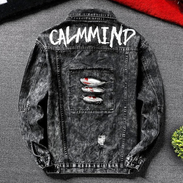 Jeans Coat for Men Hip Hop with Print Ripped Button Black Hole Denim Jackets Man Size L Large Lxury Worn Cowgirl Fast Delvery G