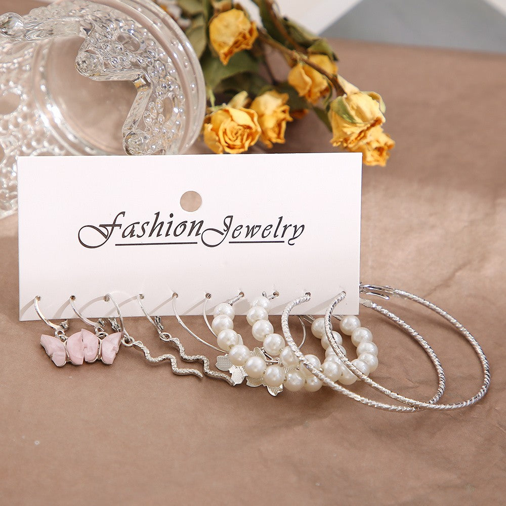 Brincos Grandes de Argola Redonda Cor Prata com Pérolas para Mulheres e Meninas, Brincos Pendentes de Cobra e Borboleta, Conjunto de Joias Y2K Femininas