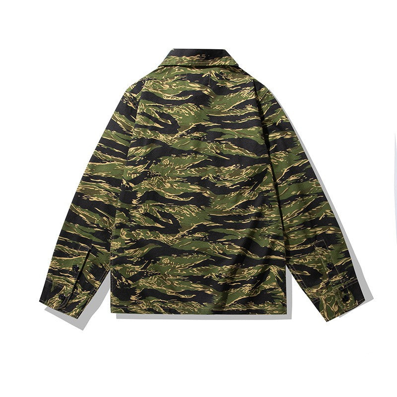 2025 Spring Men's Tiger Stripe Camo Camouflage Cargo Shirt Fashion Work Engineer Long Sleeved Shirt Jacket With Double Pockets