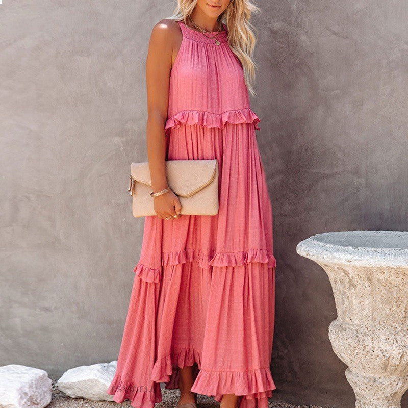 Elegant Women's Apricot Ruffle Edge Long Mop Floor Dresses Summer Fashion Hangin