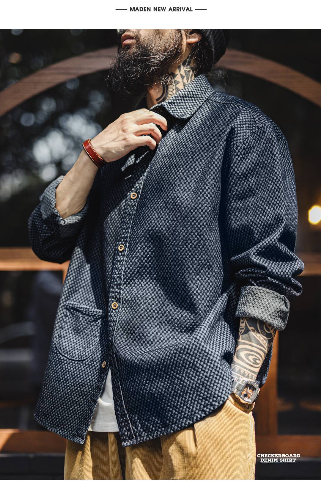 Maden Retro Checkered Long-sleeved Denim Shirt Loose Lapel Single-breasted Jacket for Men Spring and Fall Versatile Outerwear