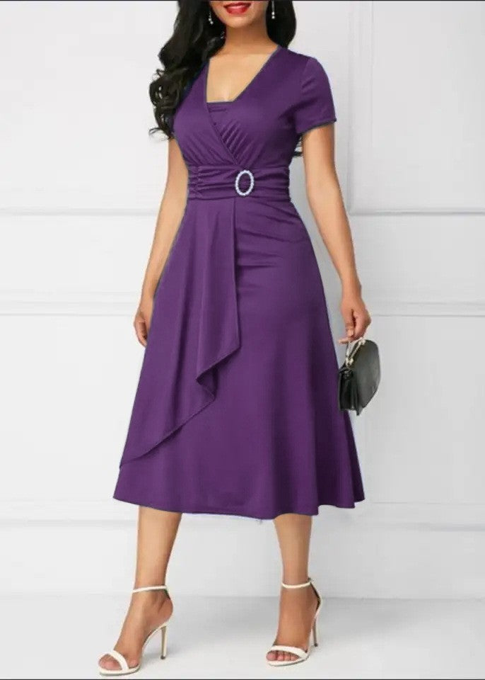 Summer Dresses Elegant Women Solid Color Short Sleeve V Neck Asymmetric Hem Wais