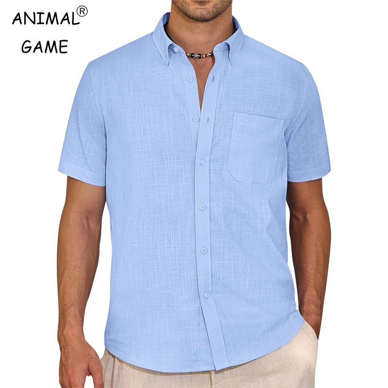 Men's Short Sleeve Cotton T Shirt Summer Casual Shirts Beach Regular Tshirts Outdoor Button-Down Basic Streetwear with Pocket