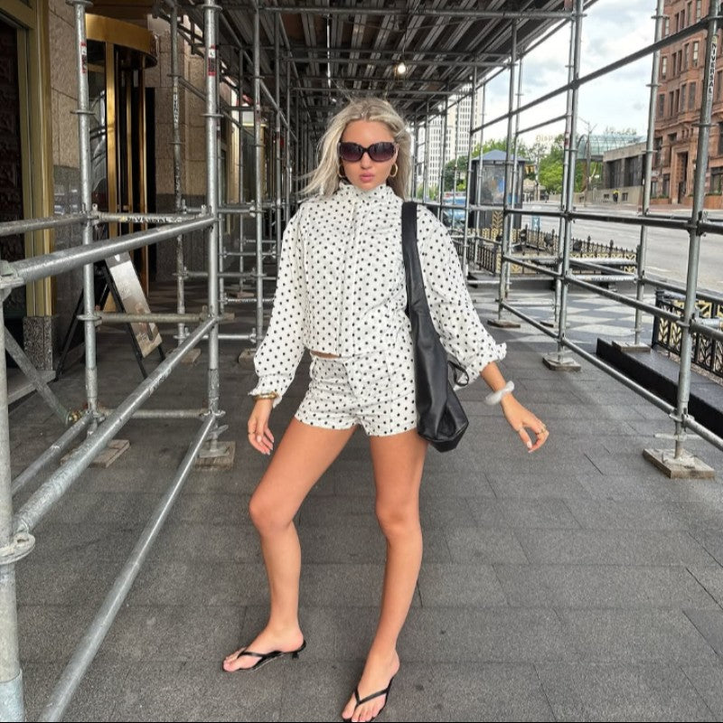 Polka Dot Stand Neck Short Jackets Women Fashion Long Sleeve Patchwork Contrast Slim Coats Casual Lady Street Commute Outerwear