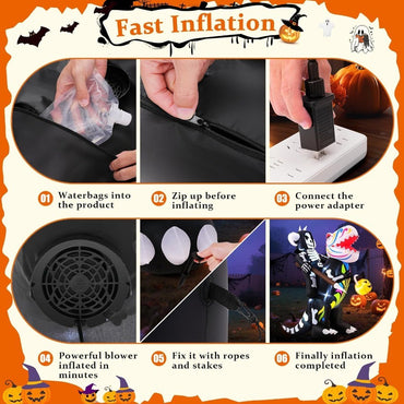 8FT Halloween Inflatable Blow Up Decorations Skeleton Knight Riding Dinosaur with Builtin LEDs for Holiday Party Garden Lawn Ya