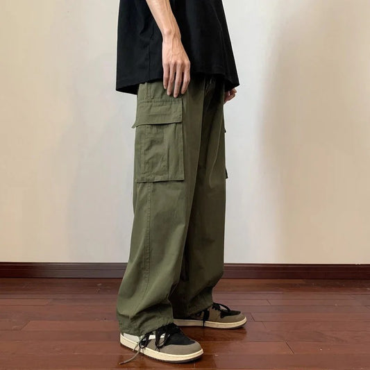 Military Green Amei Kao Men's Cargo Pants Summer Japanese Style Oversize Vintage Heavy Straight-leg Casual Pants