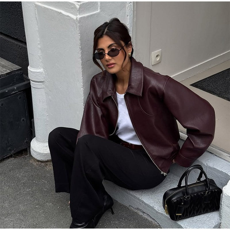 Full Sleeve Cropped Women Casual Slim Thin Motorcycle Coat Chic Zipper Lapel Wine Red Leather Jacket Lady New Highstreet Outwear