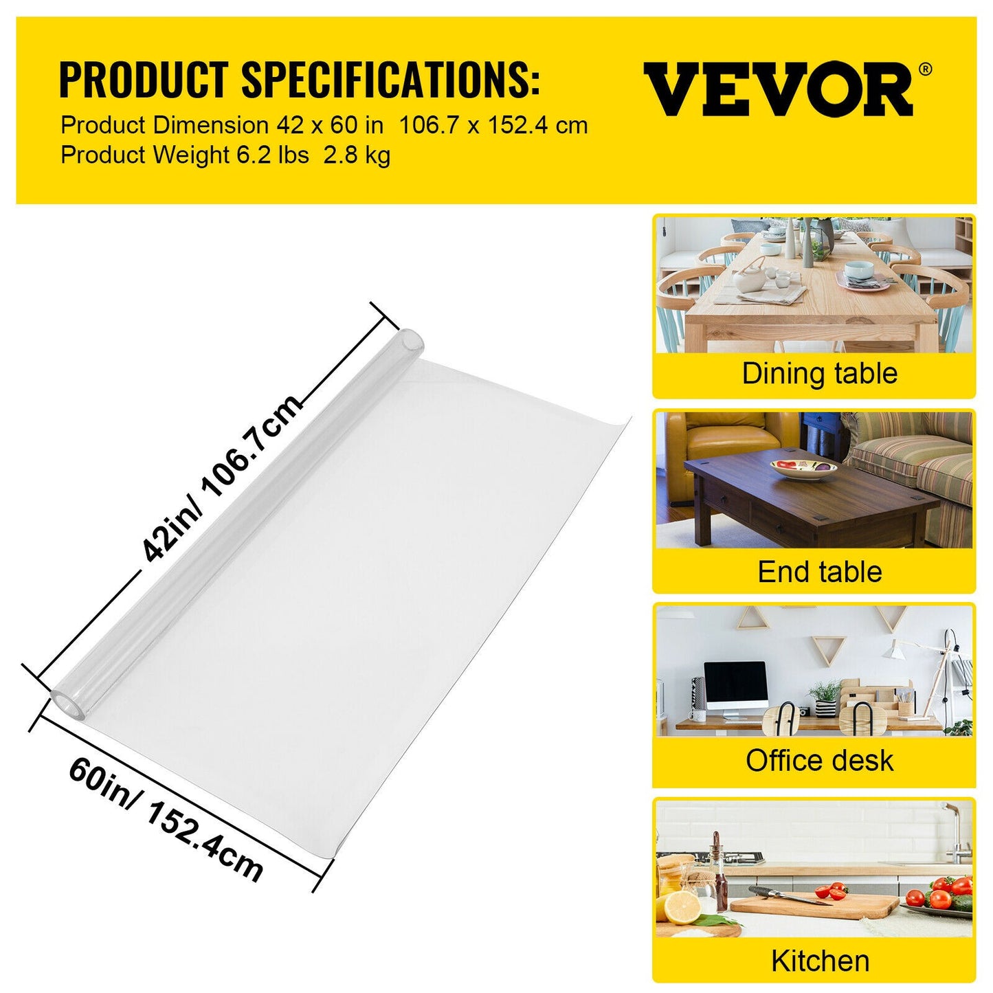 SucceBuy 1.5mm2mm PVC Table Cloth Transparent Clear Desk Cover Protector Plastic Soft Glass Waterproof Oilproof for Dining Table