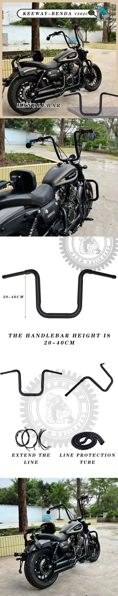 Guidão de motocicleta de 22mm de espessura Ape Hanger 82cm de comprimento compatível com guidões KEEWAY-BENDA V302 C para motos